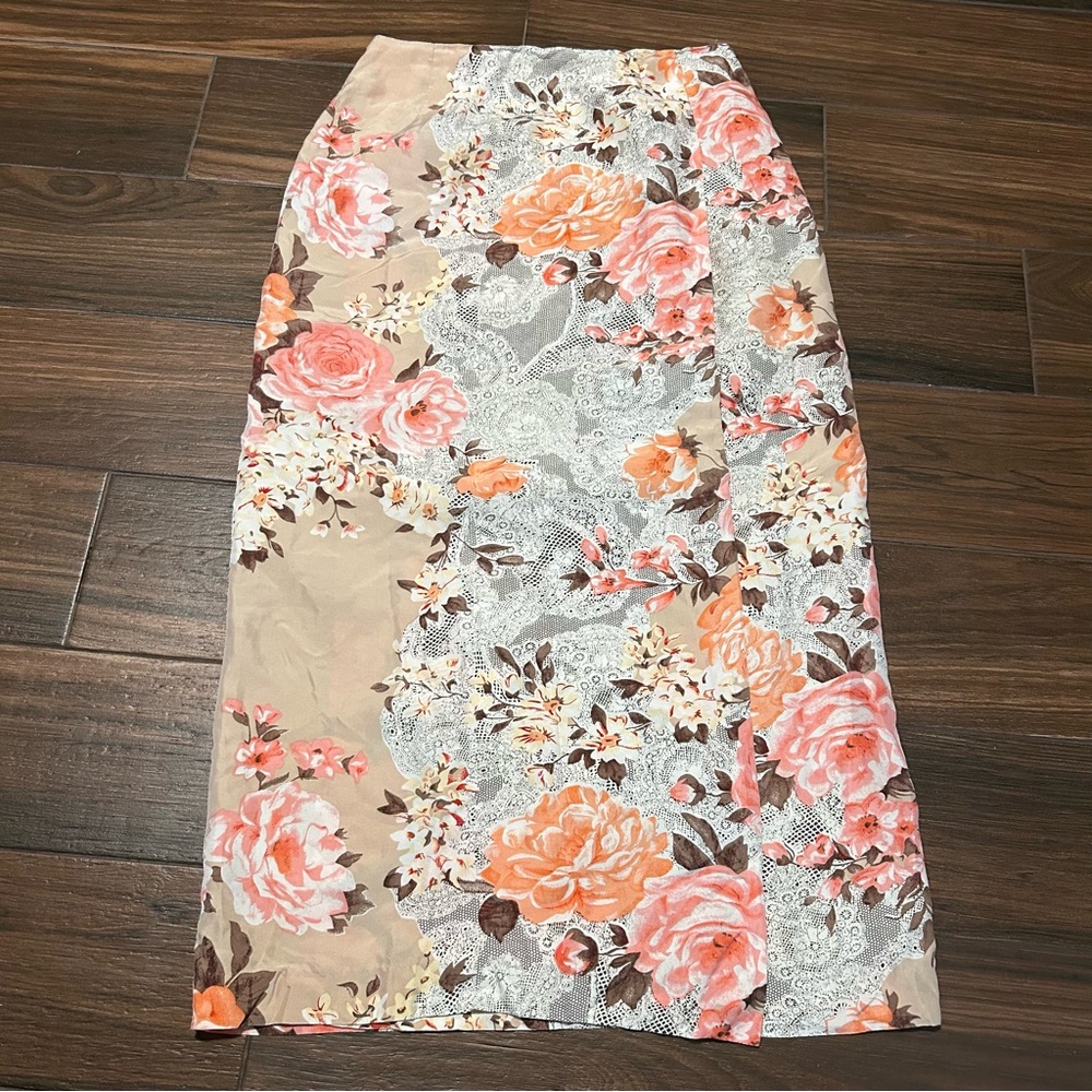 Preswick & Moore Silk‎ Maxi Skirt Size 8 Wrap Around Cream Tan Light Blush Pink